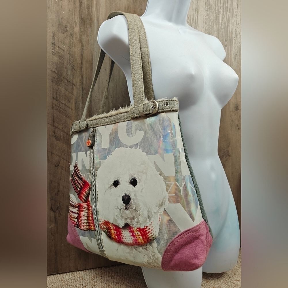 Fuzzy Nation Shoulder Bag Womens Dog Print Faux Fur Lined Double Handle Purse